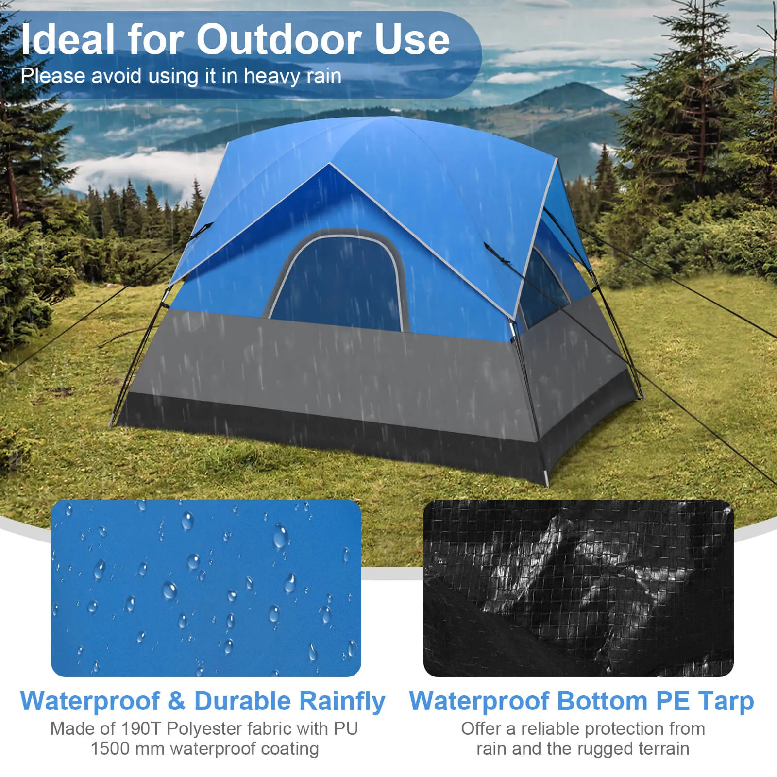 3-Person Outdoor Camping Tent with Removable Floor Mat-Black &amp; Blue