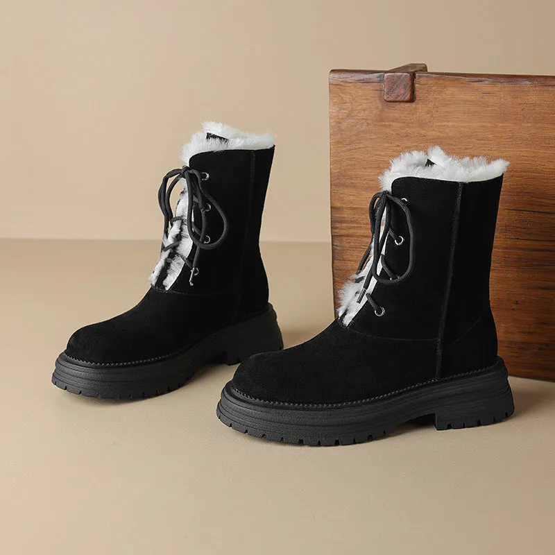 45mm Platform Fleece Lined Suede Leather Combat Boots Designer High Top Boots in Brown/Black
