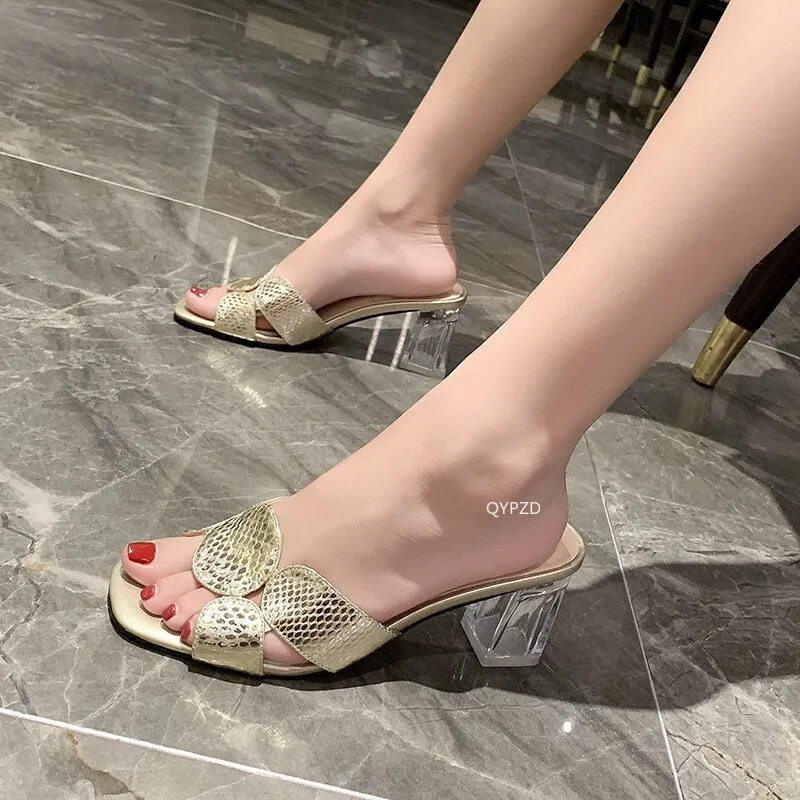 Amozae-Snake Elegant Summer Women Shoes Slingback Sandals Transparent Square Heel Slip on Female Slides Size 35-40