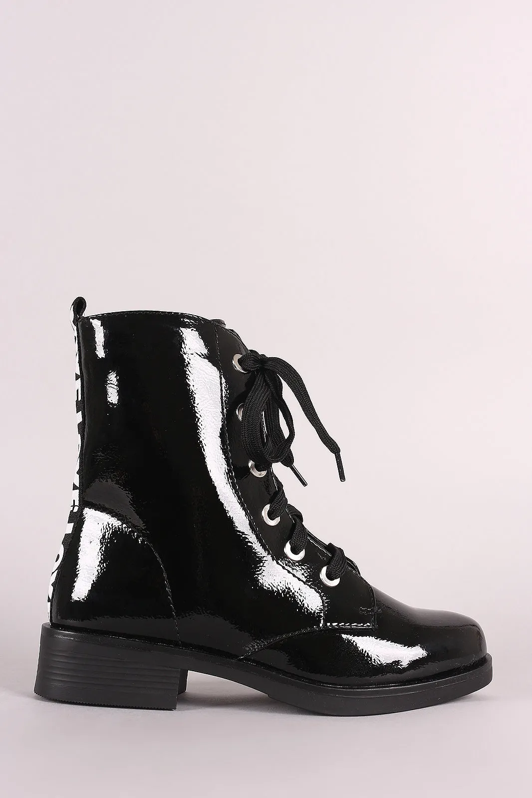Bamboo Love Detail Lace-Up Combat Patent Ankle Boots