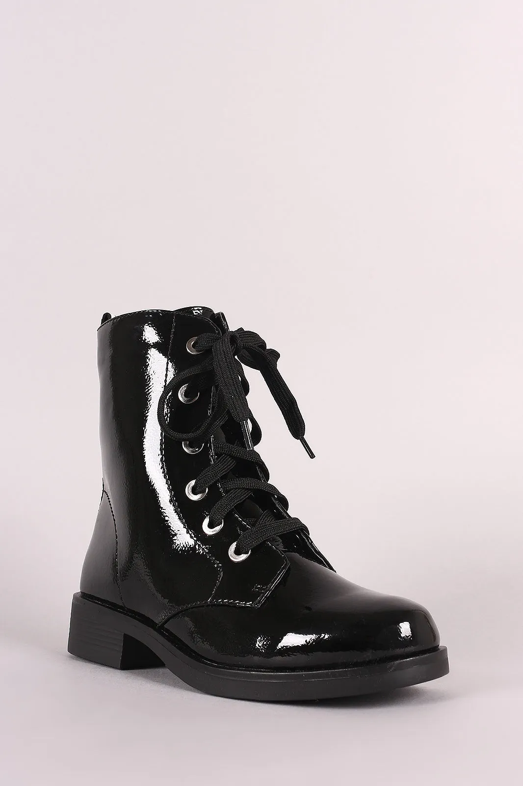Bamboo Love Detail Lace-Up Combat Patent Ankle Boots