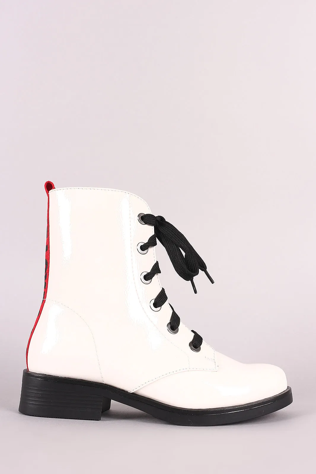 Bamboo Love Detail Lace-Up Combat Patent Ankle Boots