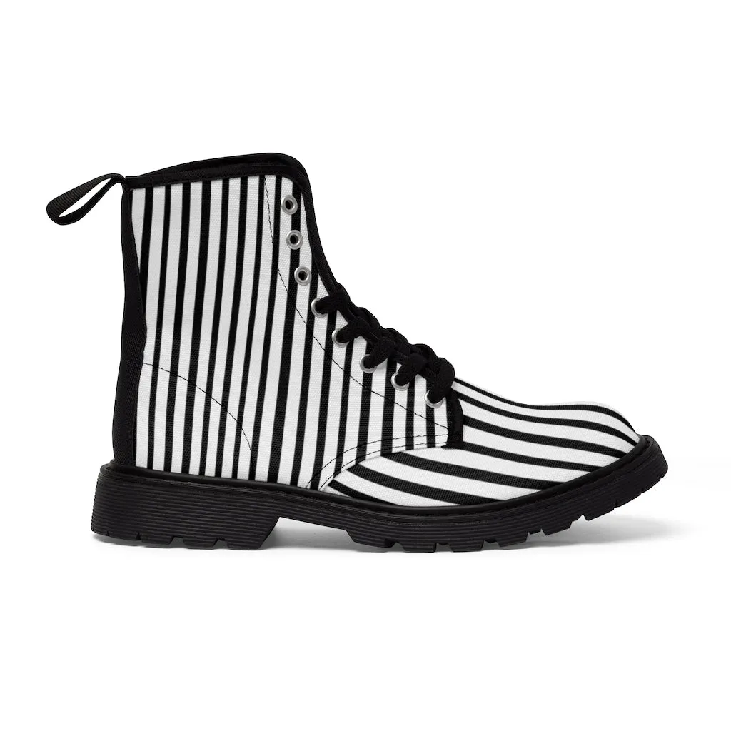 Black Striped Print Men's Boots, Black White Stripes Best Hiking Winter Boots Laced Up Shoes For Men