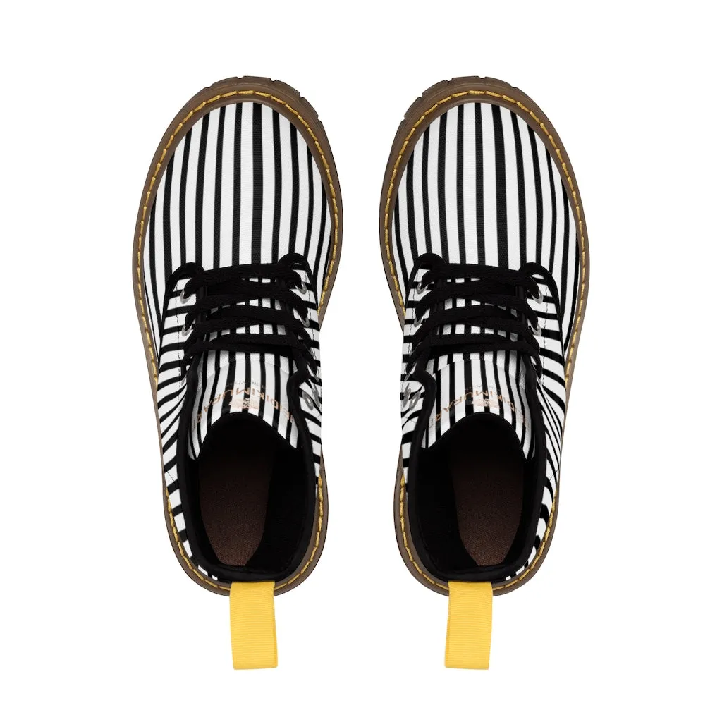 Black Striped Print Men's Boots, Black White Stripes Best Hiking Winter Boots Laced Up Shoes For Men