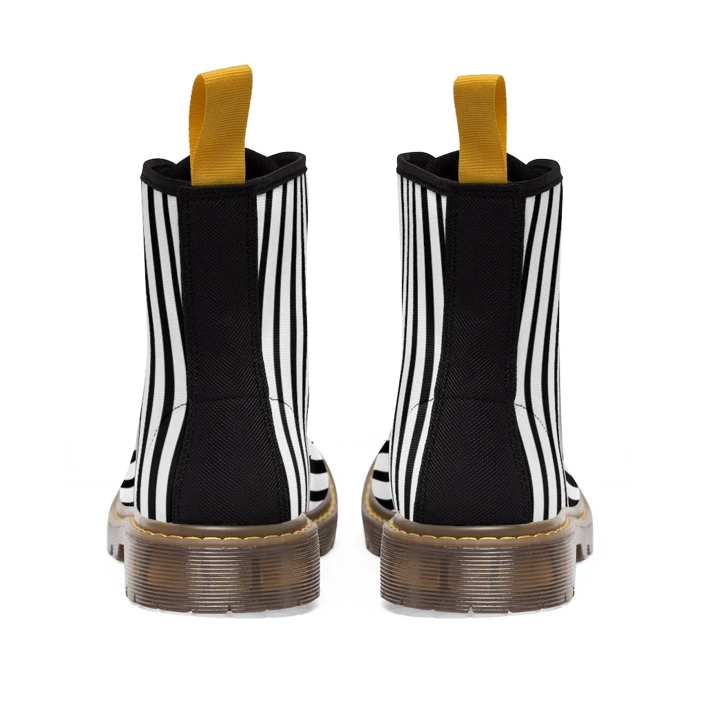 Black Striped Print Men's Boots, Black White Stripes Best Hiking Winter Boots Laced Up Shoes For Men