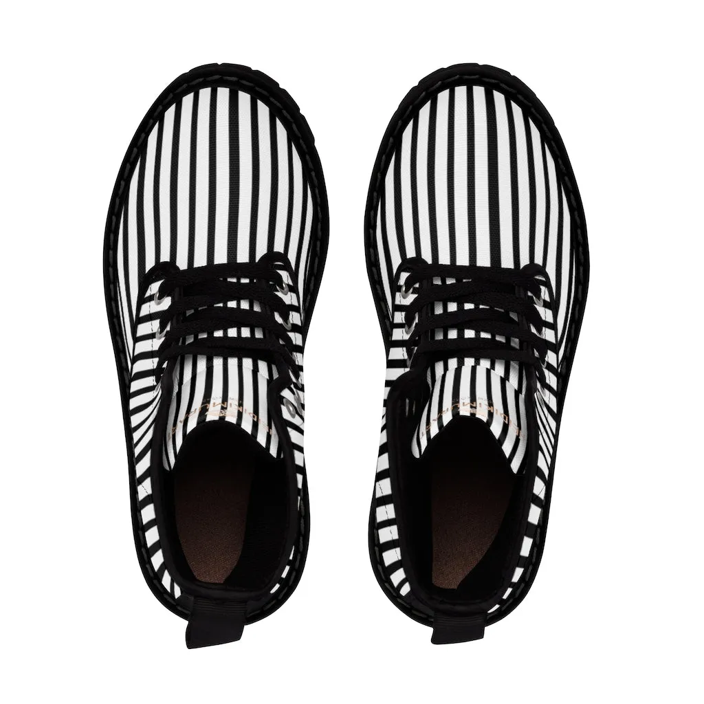 Black Striped Print Men's Boots, Black White Stripes Best Hiking Winter Boots Laced Up Shoes For Men