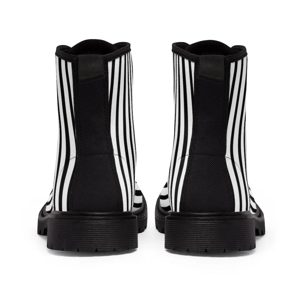 Black Striped Print Men's Boots, Black White Stripes Best Hiking Winter Boots Laced Up Shoes For Men