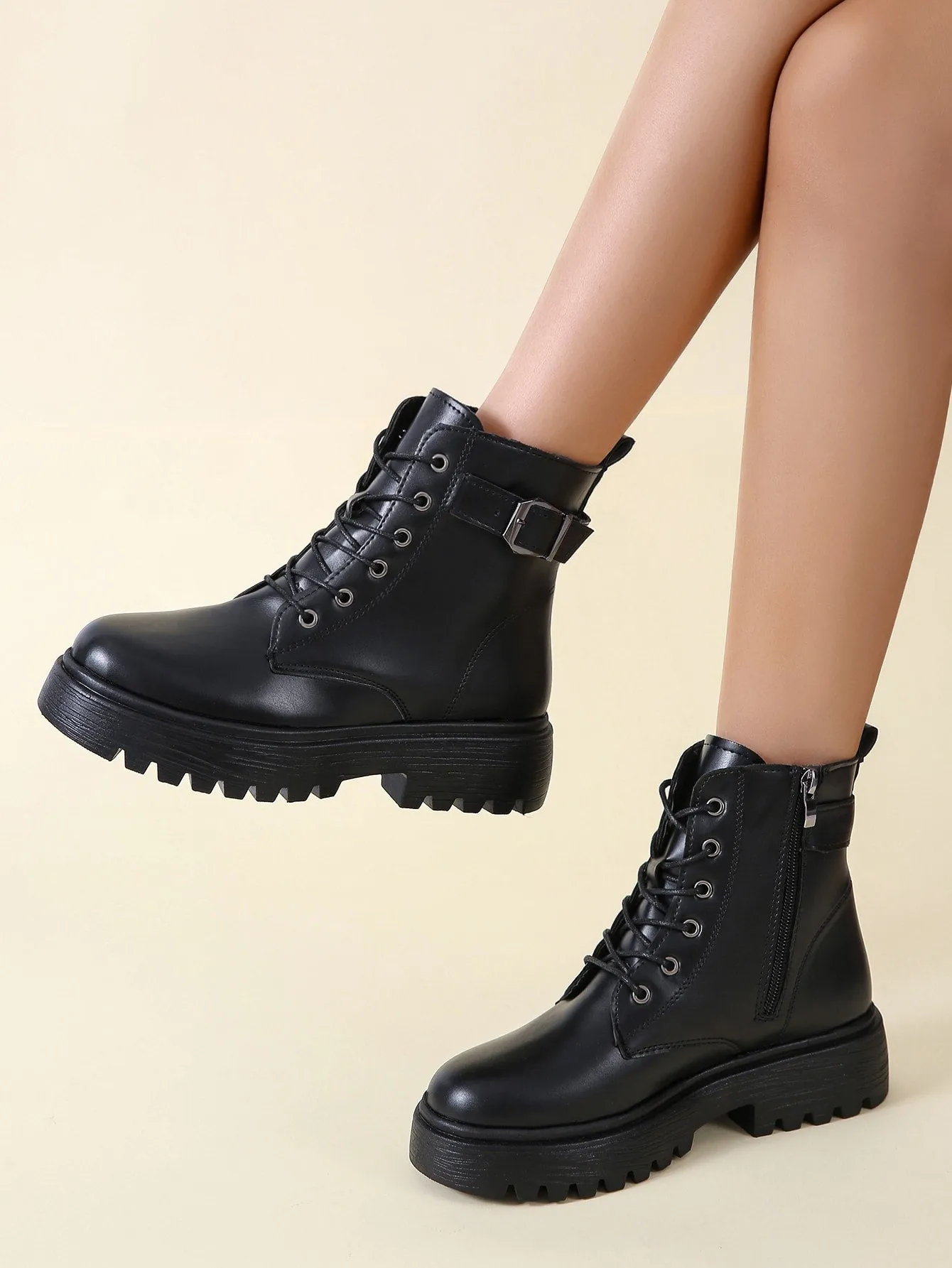 Buckle Design Lace-up Front Combat Boots