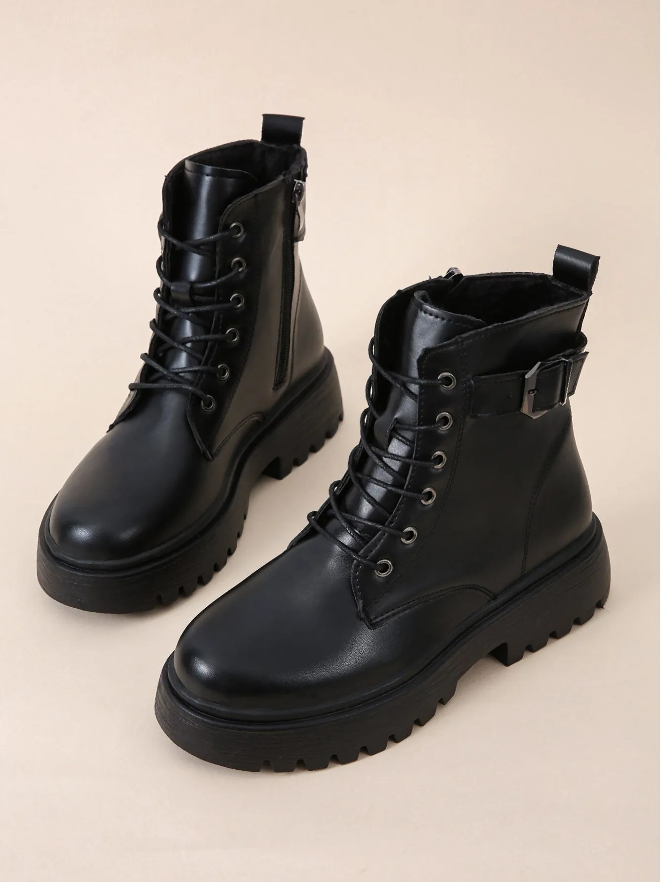 Buckle Design Lace-up Front Combat Boots
