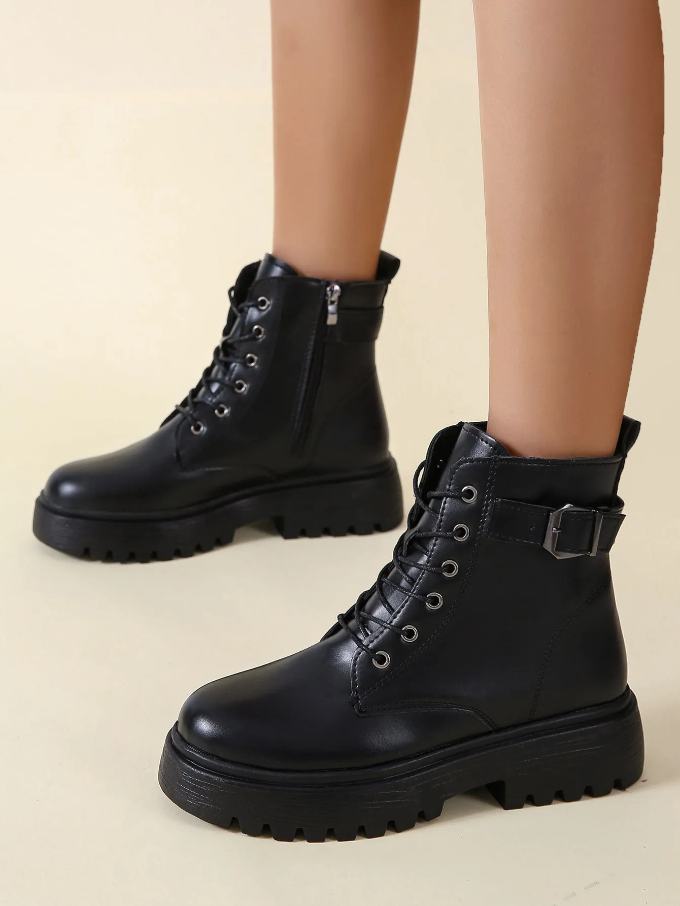 Buckle Design Lace-up Front Combat Boots