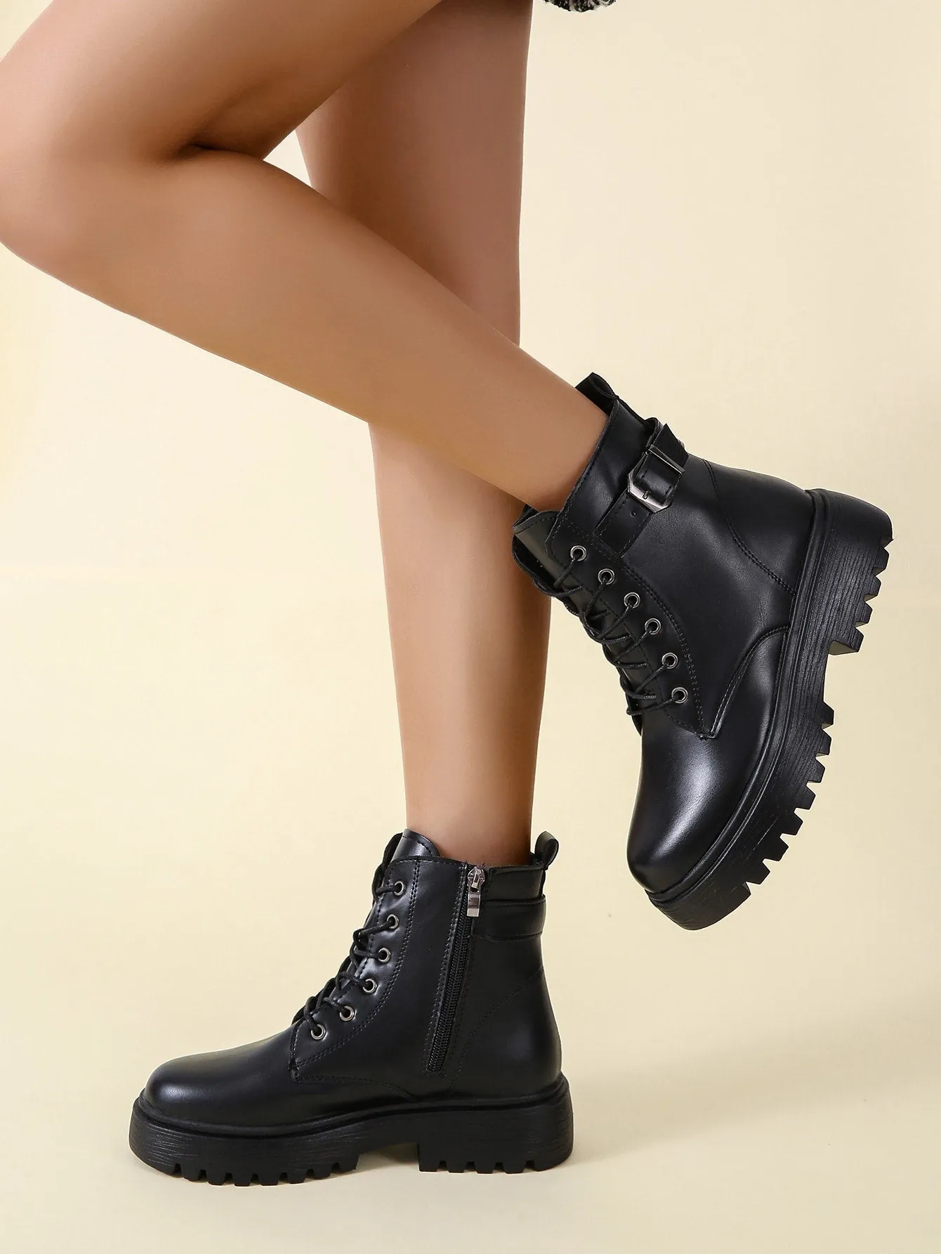 Buckle Design Lace-up Front Combat Boots