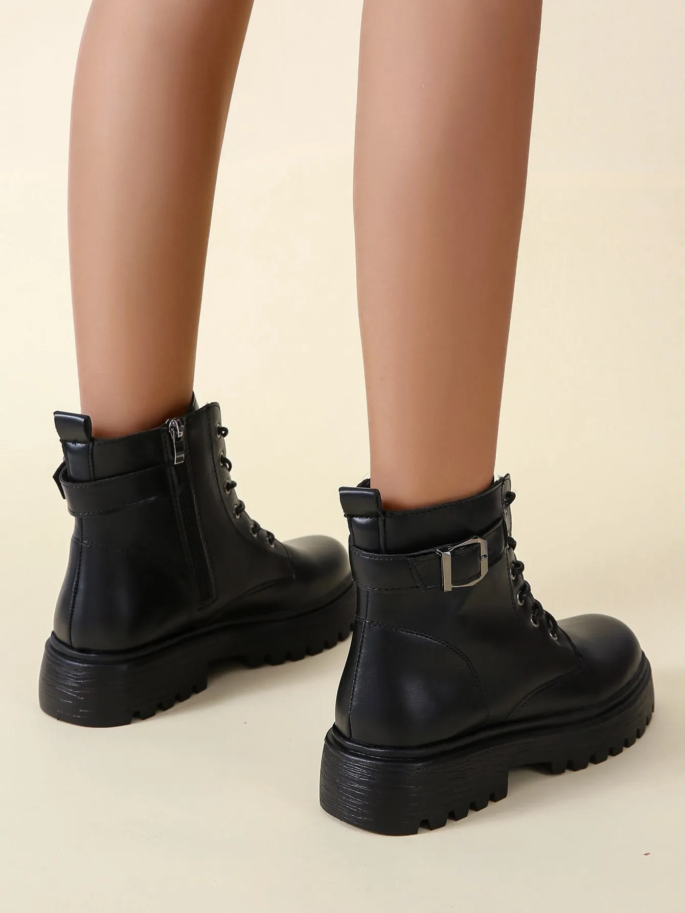 Buckle Design Lace-up Front Combat Boots