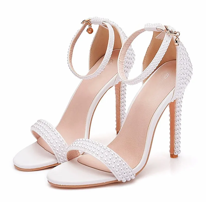Chic Satin Ankle Strap Wedding Heels with Pearl Accents and Bow Detail – Perfect Bridal Footwear for Special Occasions