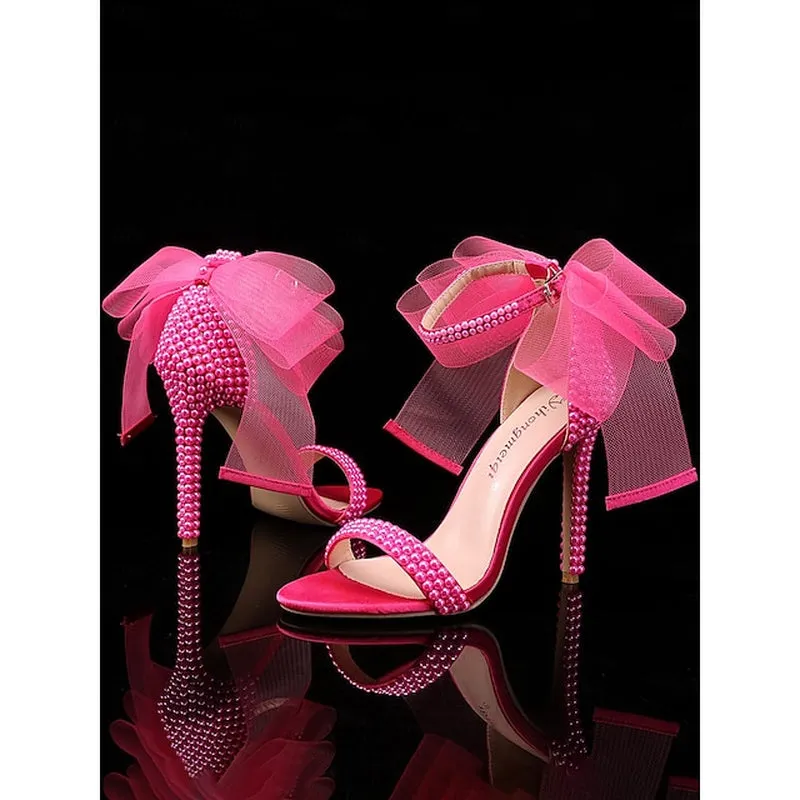 Chic Satin Ankle Strap Wedding Heels with Pearl Accents and Bow Detail – Perfect Bridal Footwear for Special Occasions