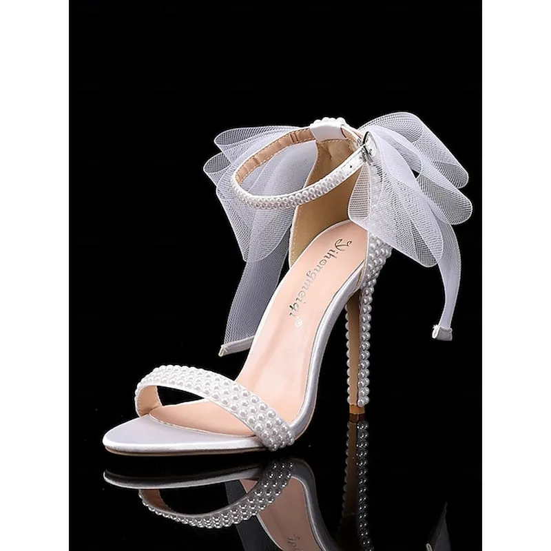 Chic Satin Ankle Strap Wedding Heels with Pearl Accents and Bow Detail – Perfect Bridal Footwear for Special Occasions