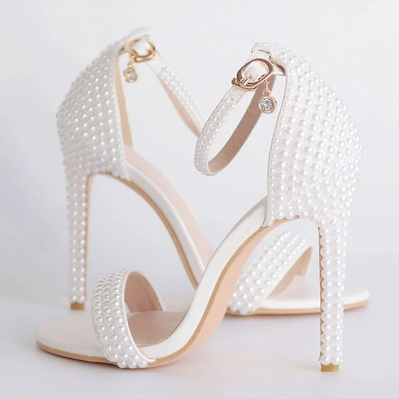 Chic Satin Ankle Strap Wedding Heels with Pearl Accents and Bow Detail – Perfect Bridal Footwear for Special Occasions