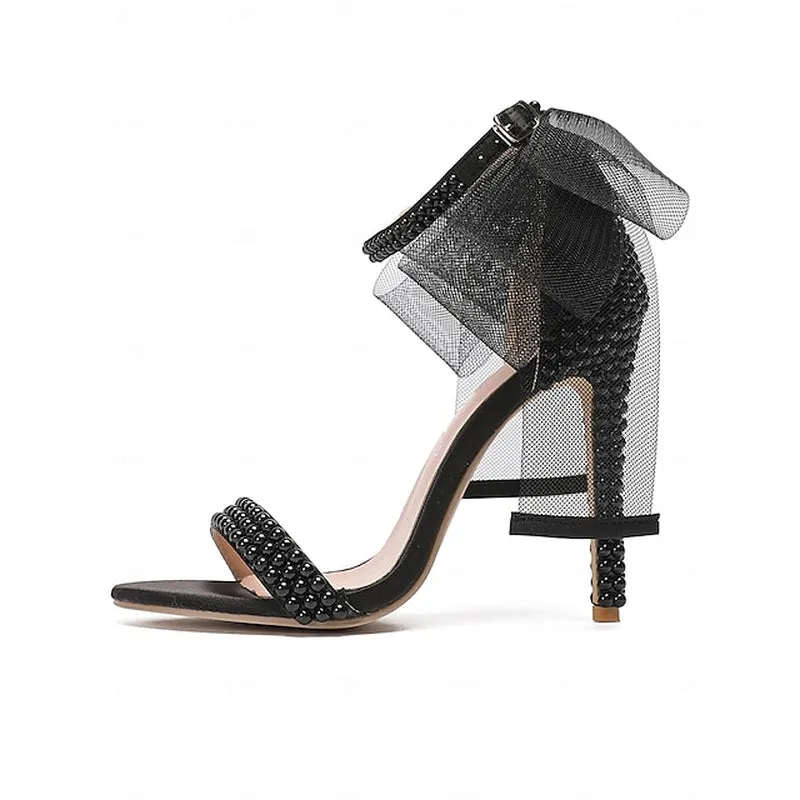 Chic Satin Ankle Strap Wedding Heels with Pearl Accents and Bow Detail – Perfect Bridal Footwear for Special Occasions