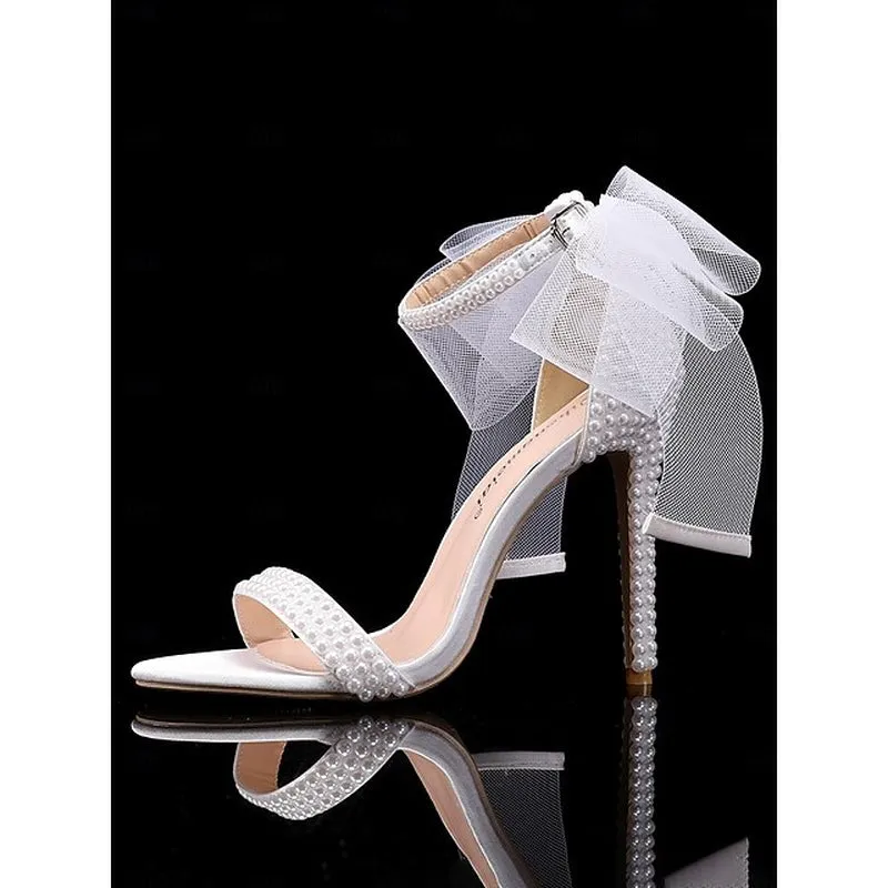 Chic Satin Ankle Strap Wedding Heels with Pearl Accents and Bow Detail – Perfect Bridal Footwear for Special Occasions