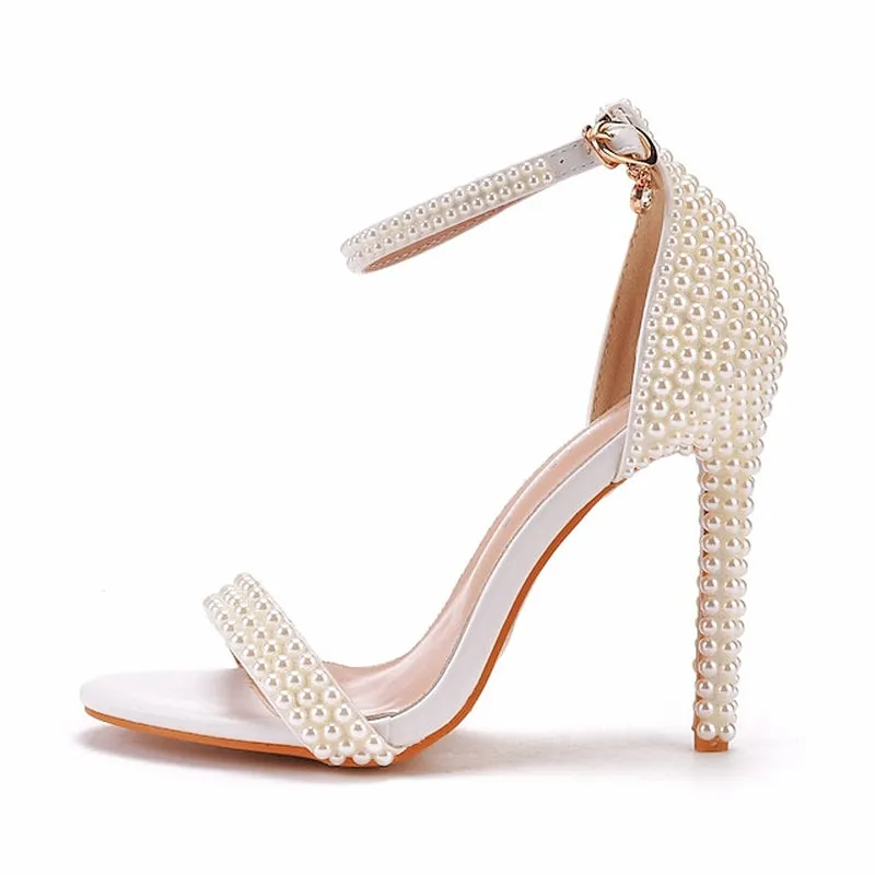 Chic Satin Ankle Strap Wedding Heels with Pearl Accents and Bow Detail – Perfect Bridal Footwear for Special Occasions