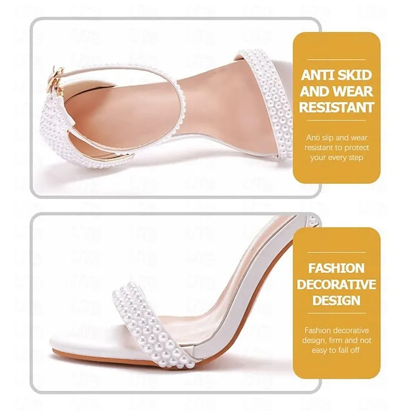 Chic Satin Ankle Strap Wedding Heels with Pearl Accents and Bow Detail – Perfect Bridal Footwear for Special Occasions