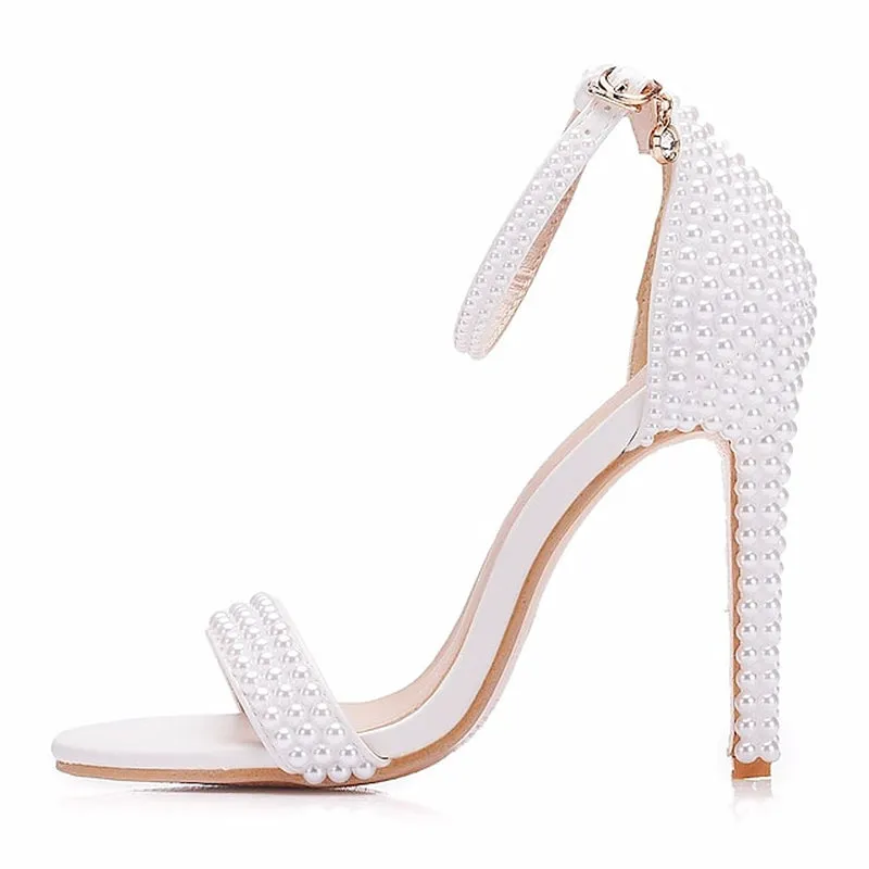 Chic Satin Ankle Strap Wedding Heels with Pearl Accents and Bow Detail – Perfect Bridal Footwear for Special Occasions