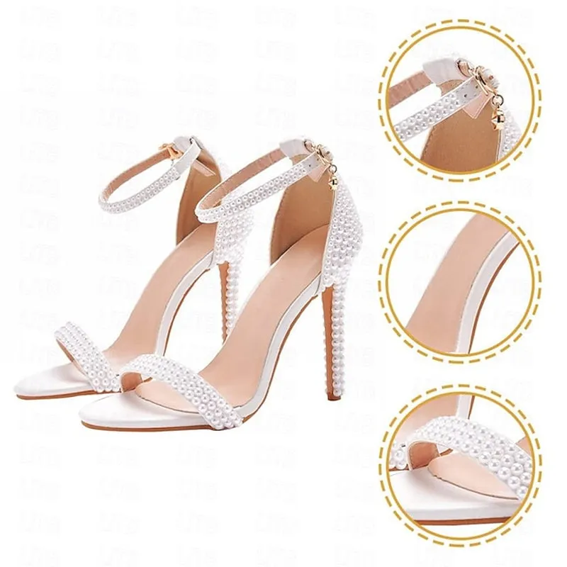 Chic Satin Ankle Strap Wedding Heels with Pearl Accents and Bow Detail – Perfect Bridal Footwear for Special Occasions