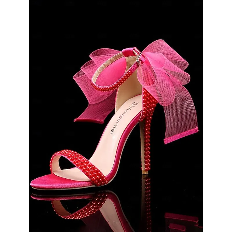Chic Satin Ankle Strap Wedding Heels with Pearl Accents and Bow Detail – Perfect Bridal Footwear for Special Occasions