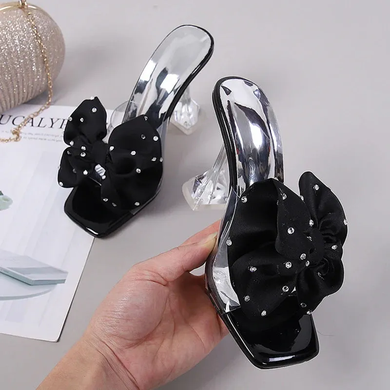 Clear PU faux Crystal Bow High Heel Mules