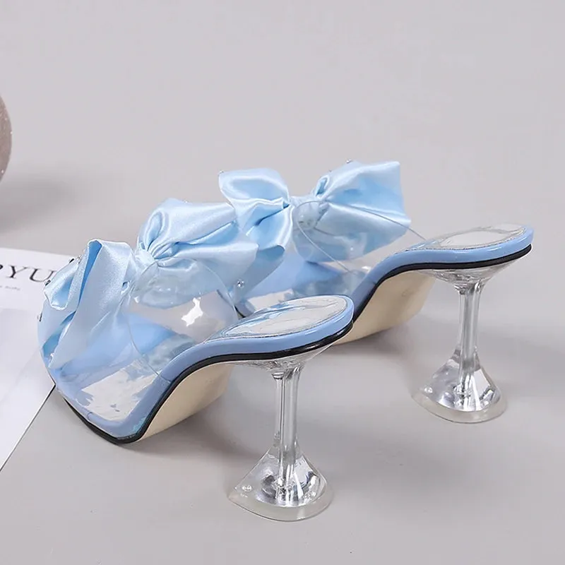 Clear PU faux Crystal Bow High Heel Mules