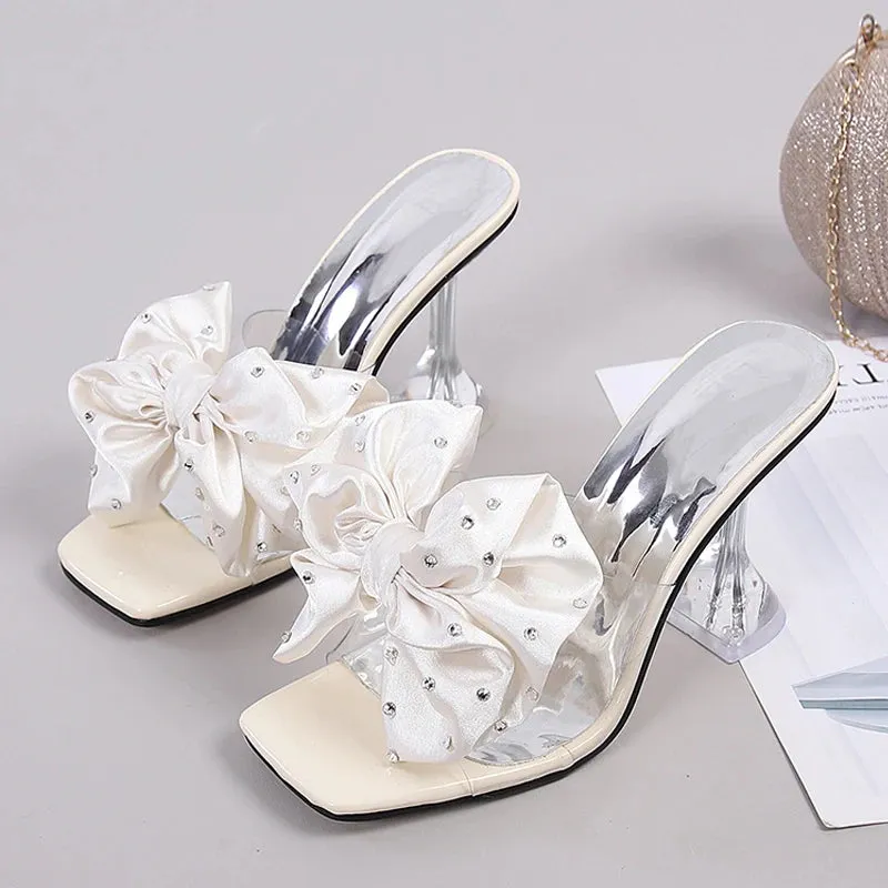 Clear PU faux Crystal Bow High Heel Mules