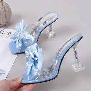 Clear PU faux Crystal Bow High Heel Mules