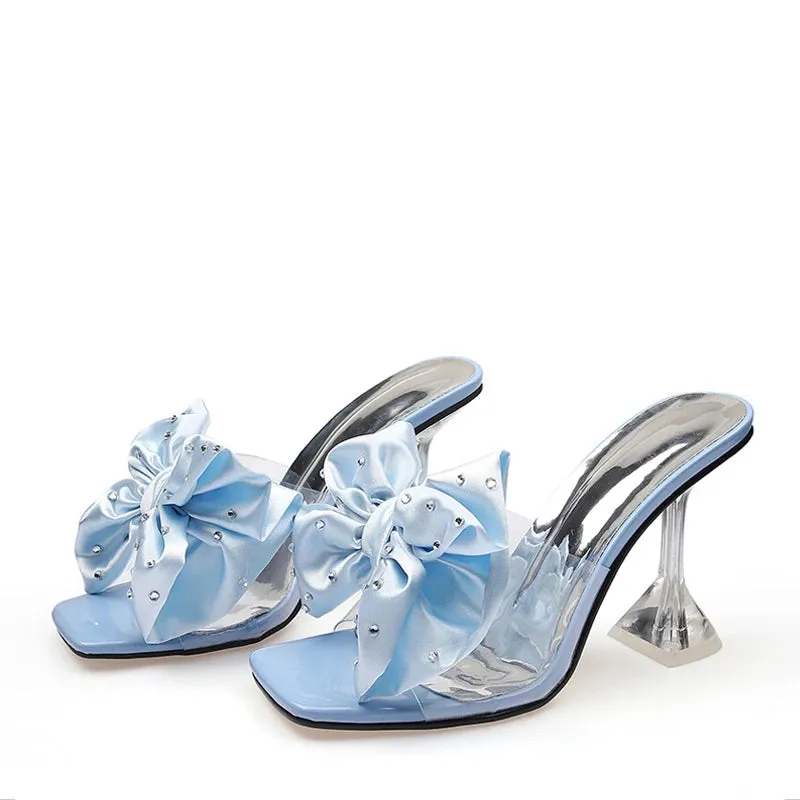 Clear PU faux Crystal Bow High Heel Mules