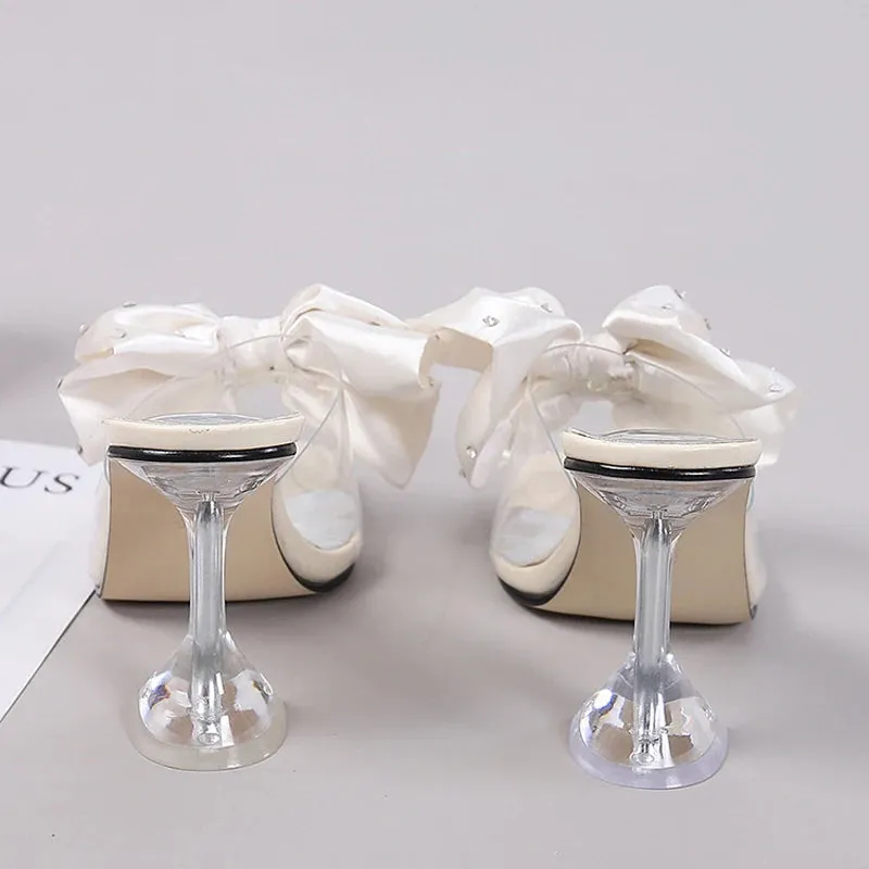 Clear PU faux Crystal Bow High Heel Mules