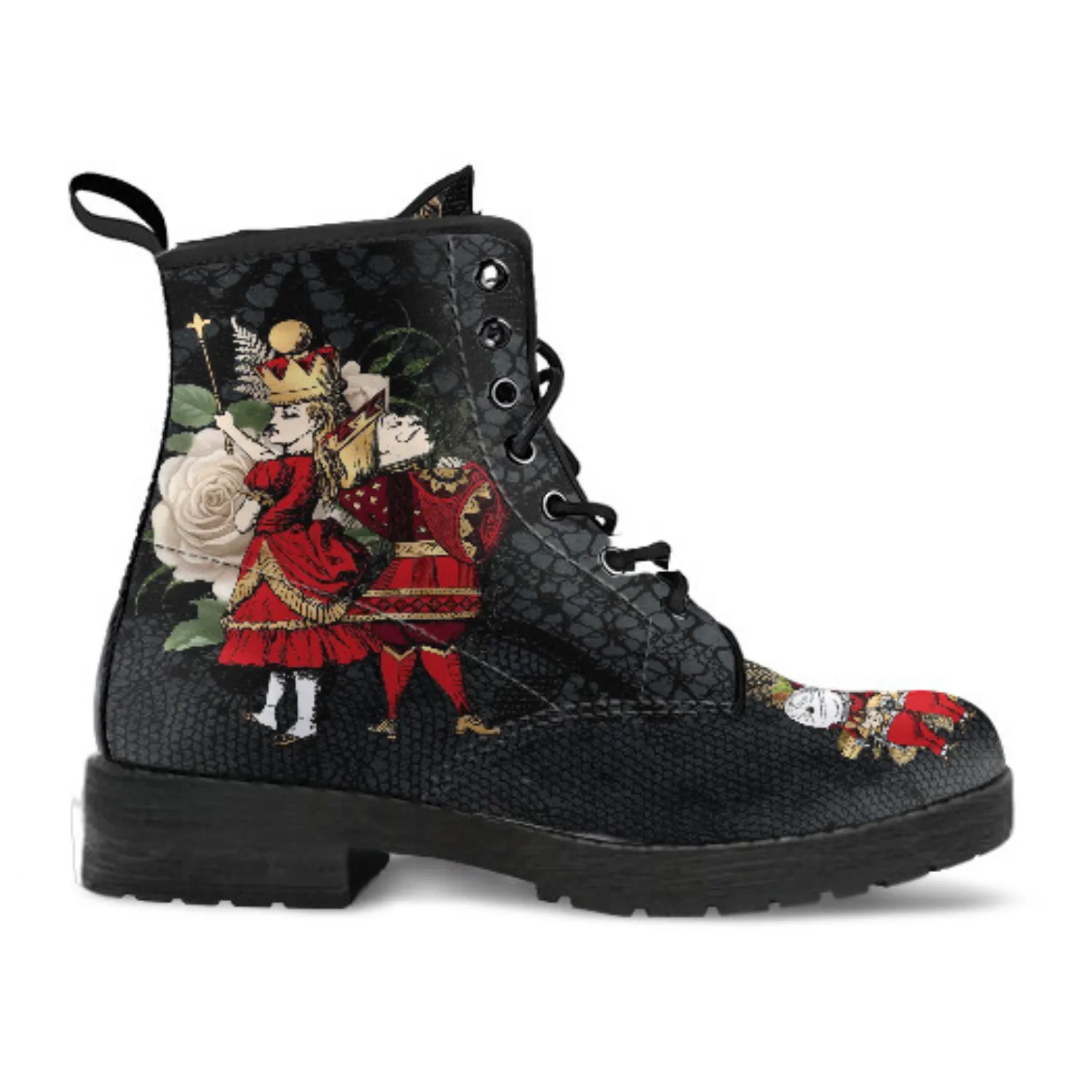Combat Boots - Alice in Wonderland Gifts #34 Red Series, Black Lace Print | Birthday Gift Idea, Black Hipster Boots, Custom Shoes