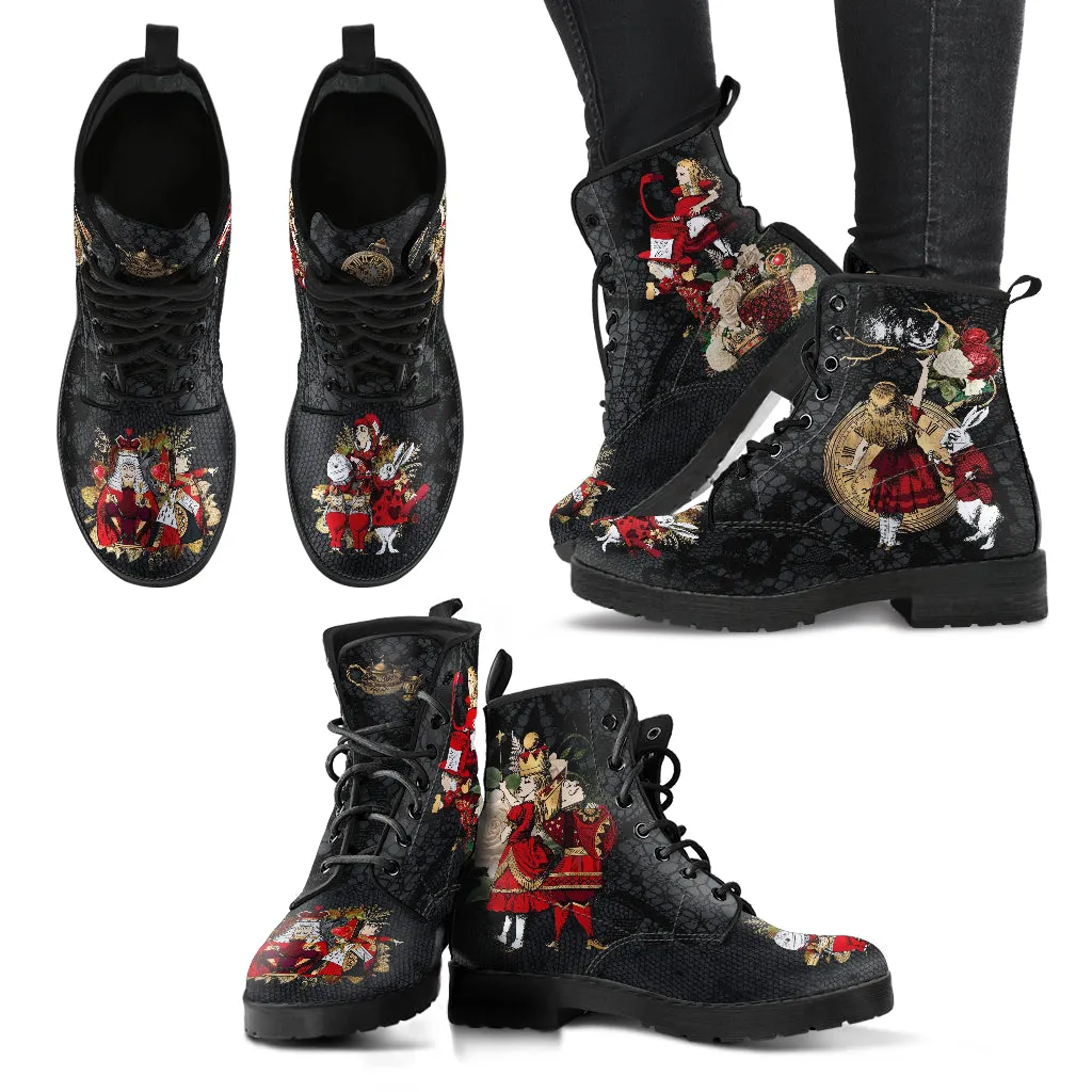 Combat Boots - Alice in Wonderland Gifts #34 Red Series, Black Lace Print | Birthday Gift Idea, Black Hipster Boots, Custom Shoes