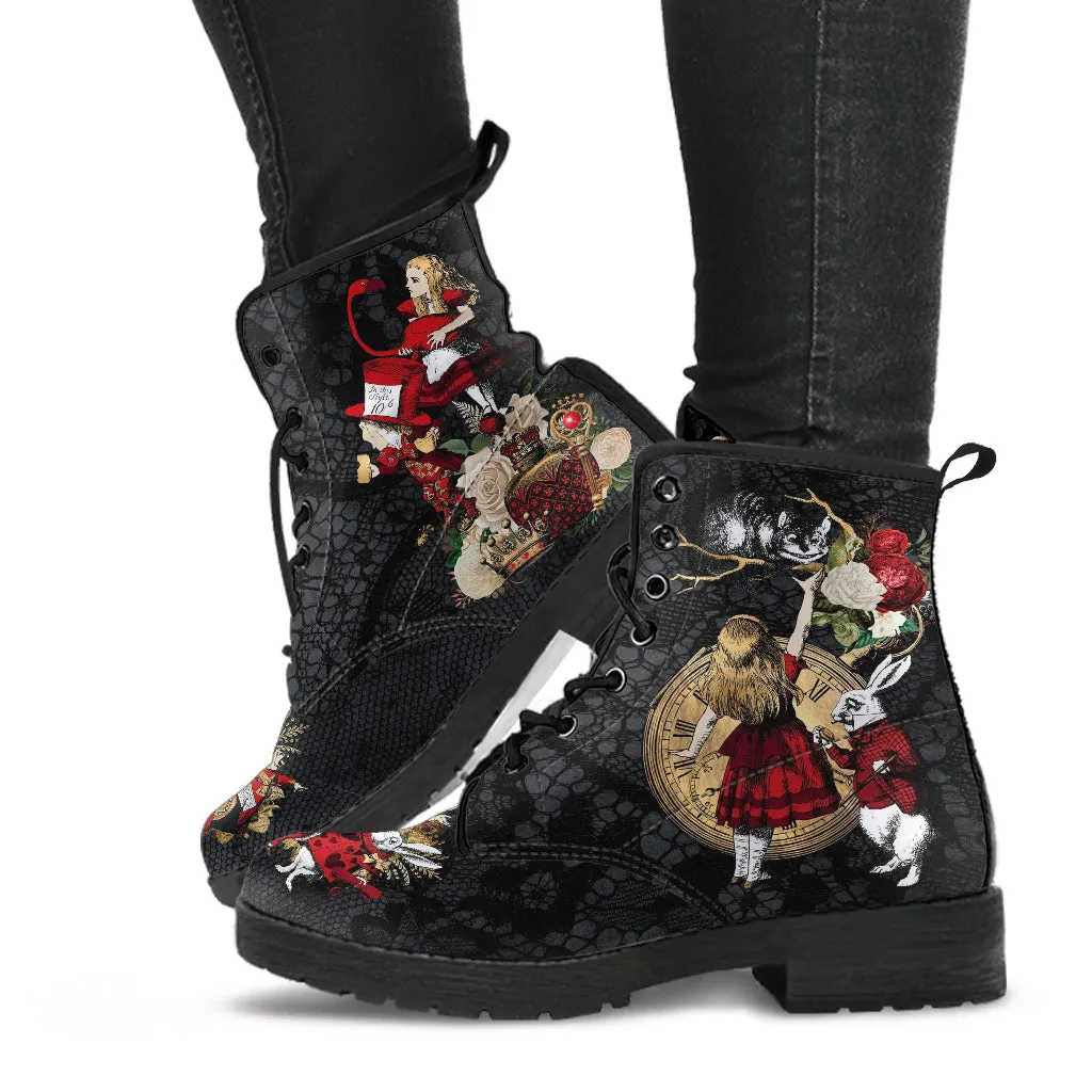 Combat Boots - Alice in Wonderland Gifts #34 Red Series, Black Lace Print | Birthday Gift Idea, Black Hipster Boots, Custom Shoes