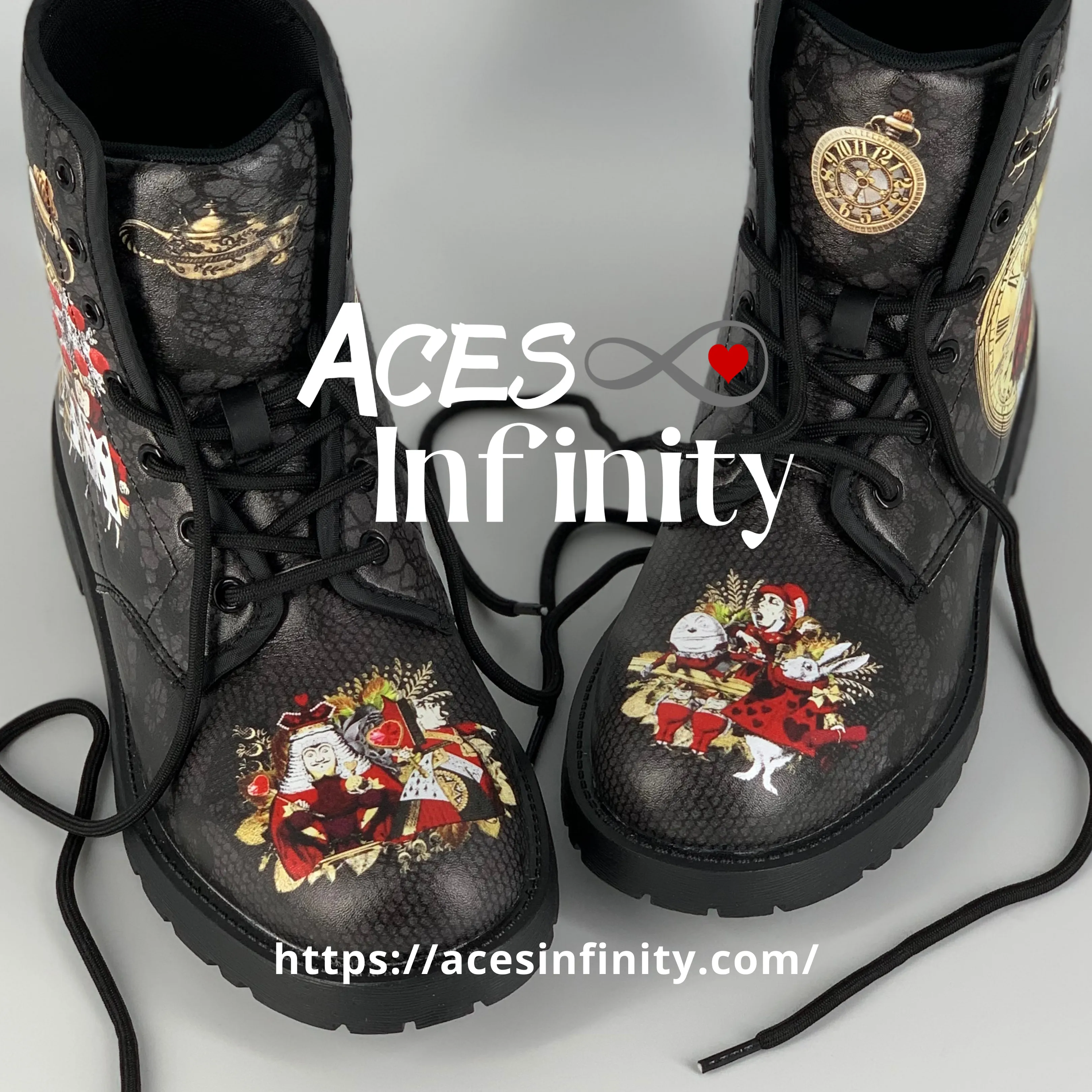 Combat Boots - Alice in Wonderland Gifts #34 Red Series, Black Lace Print | Birthday Gift Idea, Black Hipster Boots, Custom Shoes