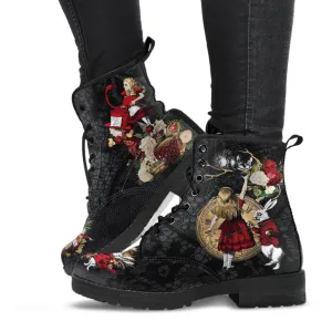 Combat Boots - Alice in Wonderland Gifts #34 Red Series, Black Lace Print | Birthday Gift Idea, Black Hipster Boots, Custom Shoes