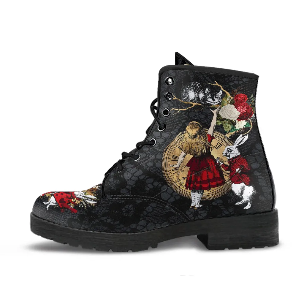 Combat Boots - Alice in Wonderland Gifts #34 Red Series, Black Lace Print | Birthday Gift Idea, Black Hipster Boots, Custom Shoes