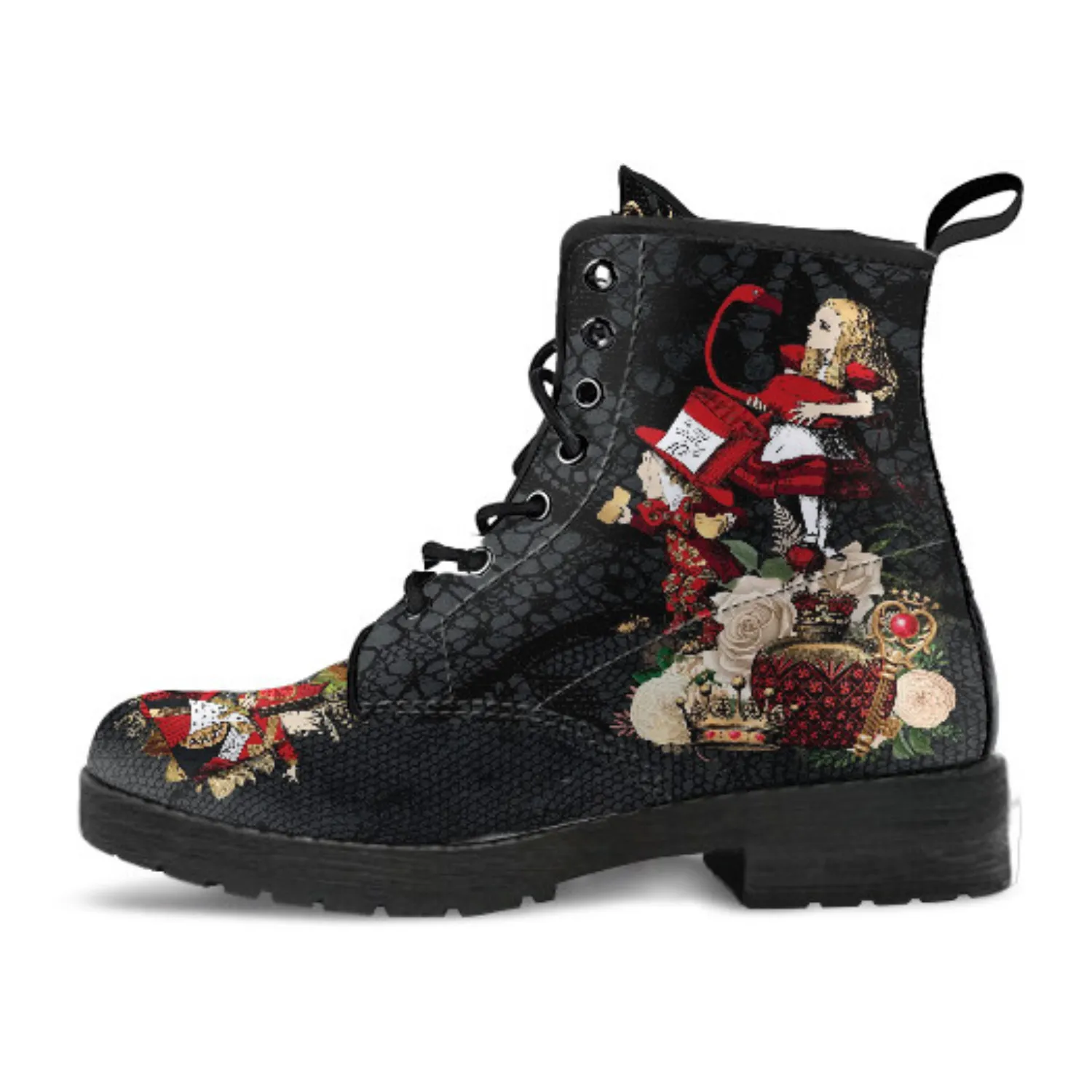 Combat Boots - Alice in Wonderland Gifts #34 Red Series, Black Lace Print | Birthday Gift Idea, Black Hipster Boots, Custom Shoes