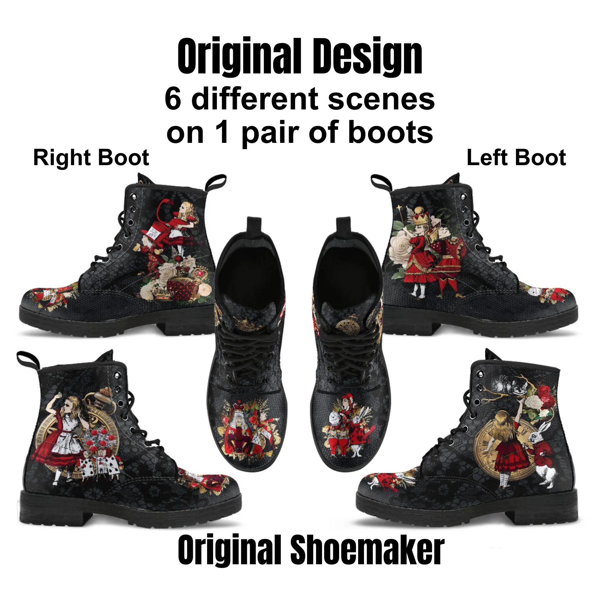 Combat Boots - Alice in Wonderland Gifts #34 Red Series, Black Lace Print | Birthday Gift Idea, Black Hipster Boots, Custom Shoes