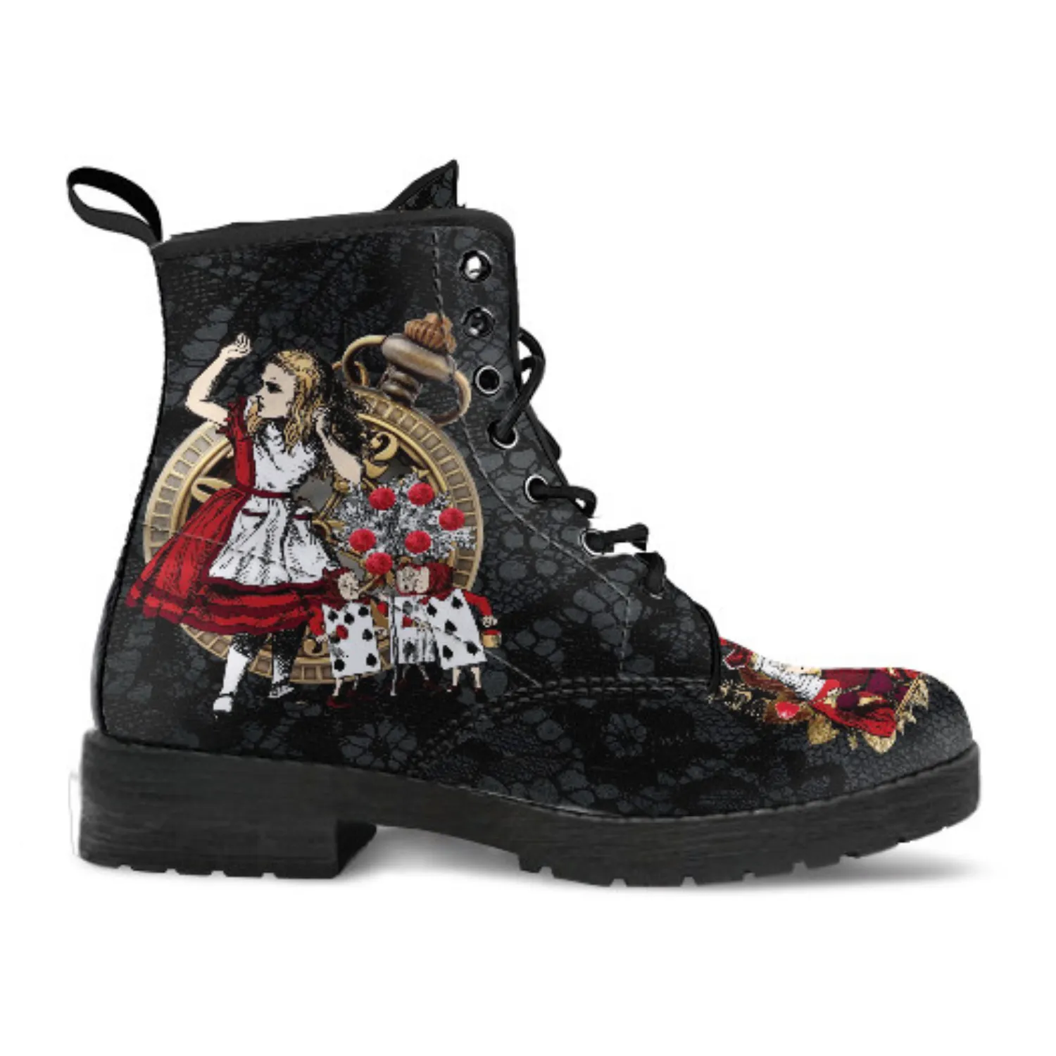 Combat Boots - Alice in Wonderland Gifts #34 Red Series, Black Lace Print | Birthday Gift Idea, Black Hipster Boots, Custom Shoes
