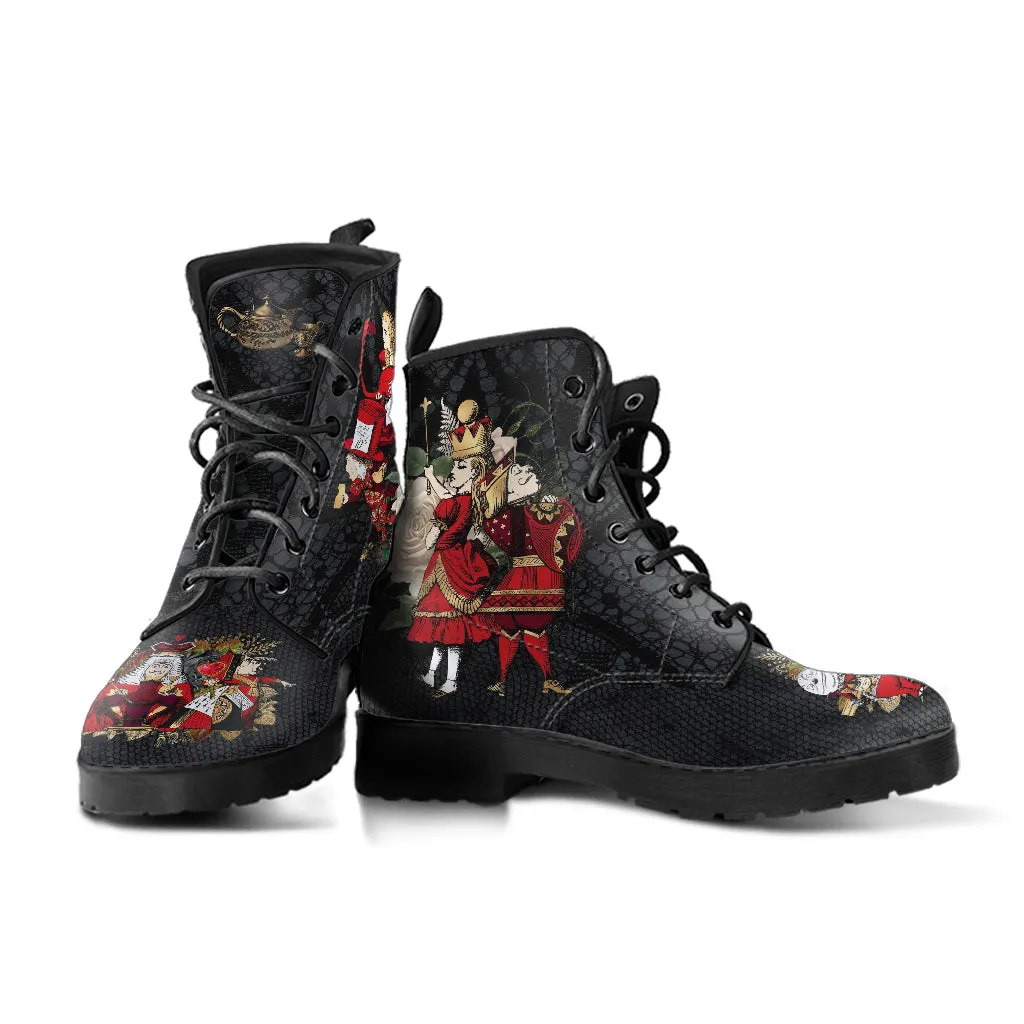 Combat Boots - Alice in Wonderland Gifts #34 Red Series, Black Lace Print | Birthday Gift Idea, Black Hipster Boots, Custom Shoes
