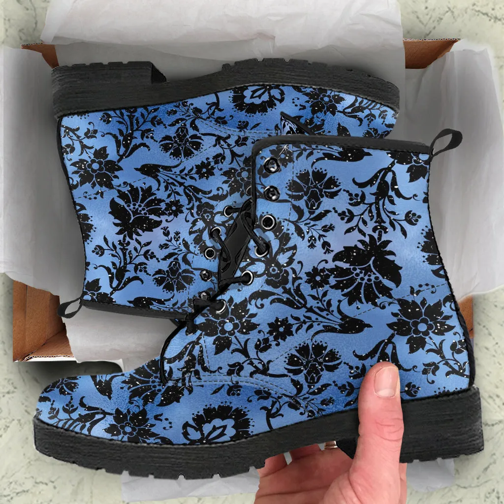 Combat Boots - Blue Pattern #101 | Unisex Adult Shoes, Vegan Leather Handmade Lace Up Boots, Custom Shoes Boho, Vintage Style, Aesthetic