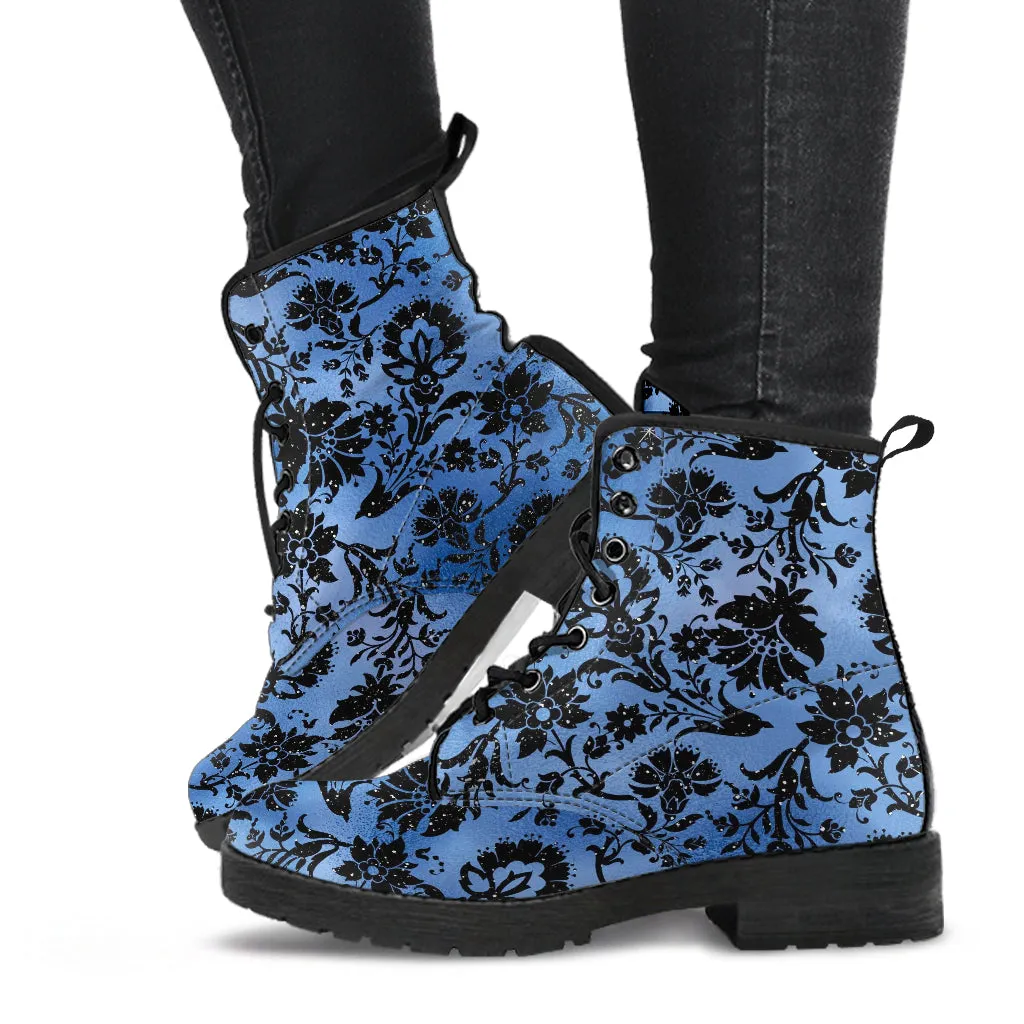 Combat Boots - Blue Pattern #101 | Unisex Adult Shoes, Vegan Leather Handmade Lace Up Boots, Custom Shoes Boho, Vintage Style, Aesthetic