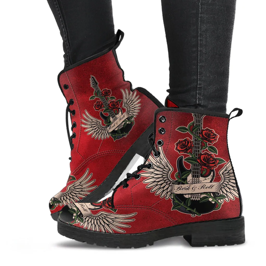 Combat Boots - Electric Guitar #13 Distressed Red | Custom Unisex Adult Shoes, Vegan Leather Handmade Lace Up, Classic Rock Music Gift Idea