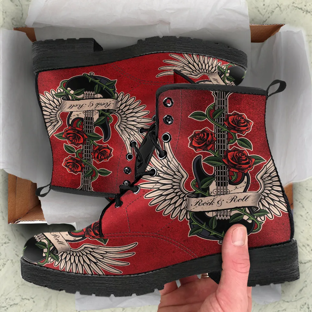 Combat Boots - Electric Guitar #13 Distressed Red | Custom Unisex Adult Shoes, Vegan Leather Handmade Lace Up, Classic Rock Music Gift Idea