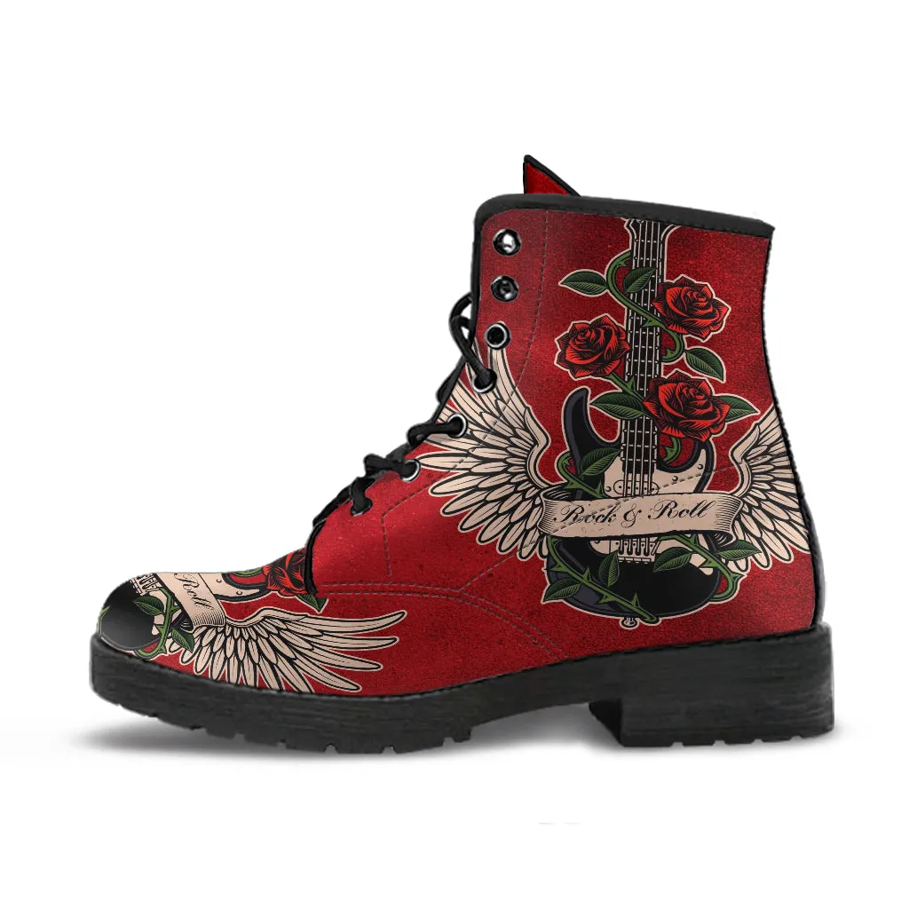 Combat Boots - Electric Guitar #13 Distressed Red | Custom Unisex Adult Shoes, Vegan Leather Handmade Lace Up, Classic Rock Music Gift Idea