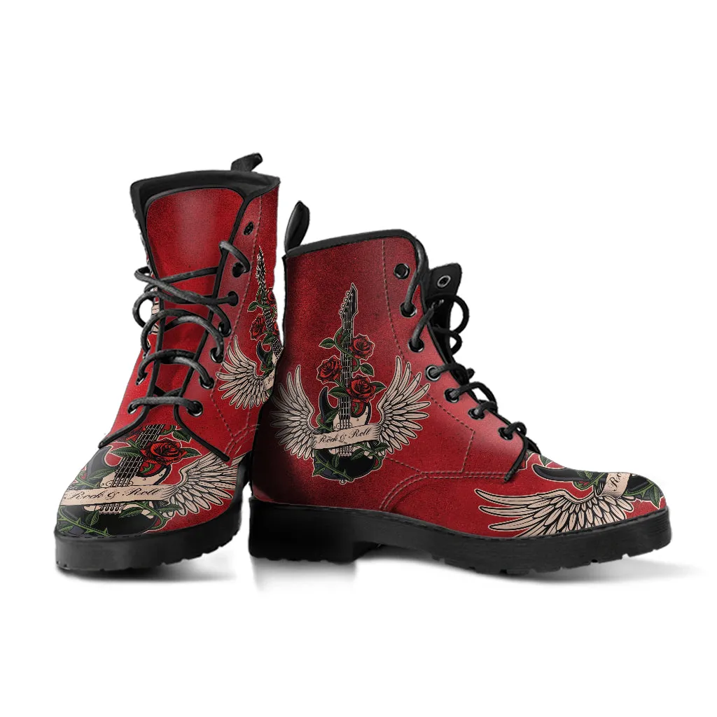 Combat Boots - Electric Guitar #13 Distressed Red | Custom Unisex Adult Shoes, Vegan Leather Handmade Lace Up, Classic Rock Music Gift Idea