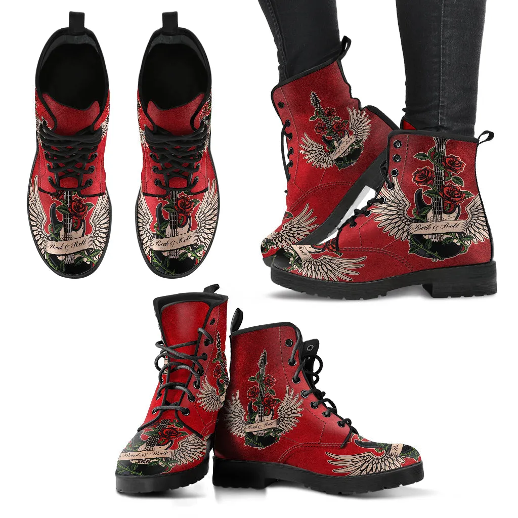 Combat Boots - Electric Guitar #13 Distressed Red | Custom Unisex Adult Shoes, Vegan Leather Handmade Lace Up, Classic Rock Music Gift Idea